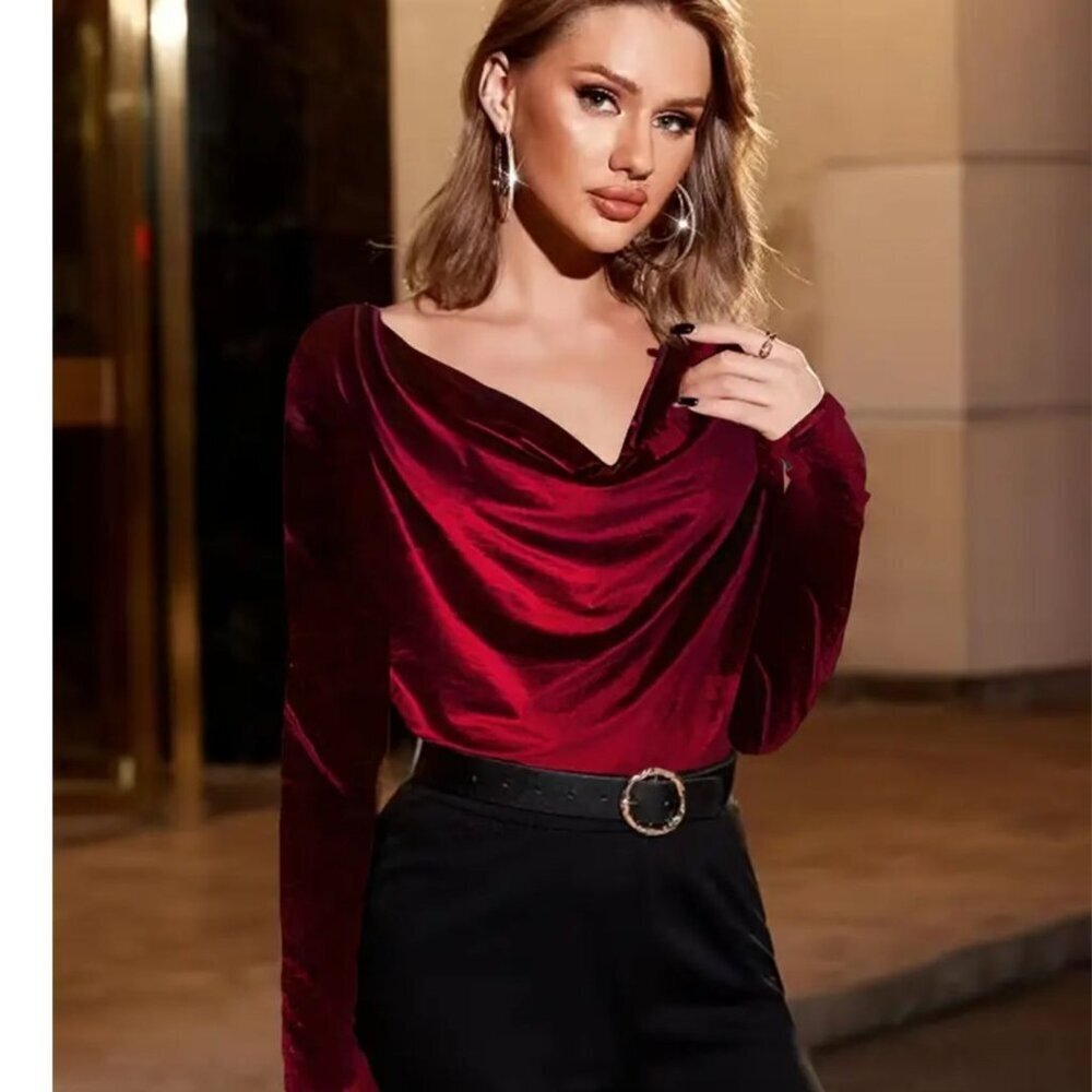 Women's Solid Velvet Cowl Neck Long Sleeve Top in Burgundy Sizes M and L - Picture 2 of 5